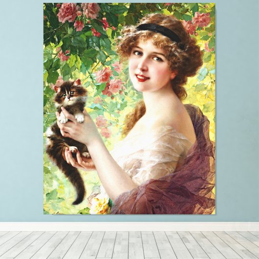  Lady Cute Kitten en Roos Flower Canvas Afdruk (Insitu (Houten vloer))
