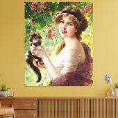 Lady Cute Kitten en Roos Flower Canvas Afdruk (Insitu (Woonkamer))