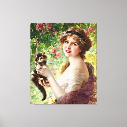 Lady Cute Kitten en Roos Flower Canvas Afdruk (Voorkant)