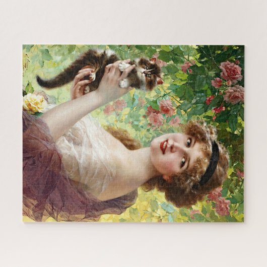  Lady Cute Kitten en Roos Flower Legpuzzel (Horizontaal)