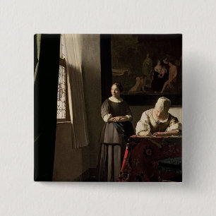 Lady die een brief schrijft met haar Maid, c.1670 Vierkante Button 5,1 Cm