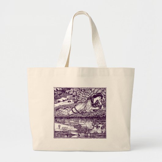 Lady die naast een vijver leest grote tote bag (Voorkant)