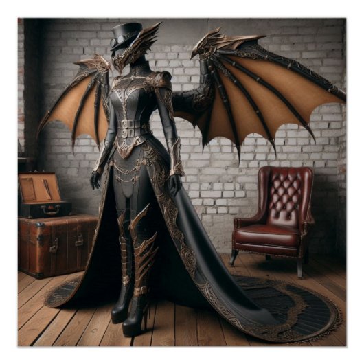 Lady Dragon Rider Steampunk Victoriaans Industrial Perfect Poster (Voorkant)