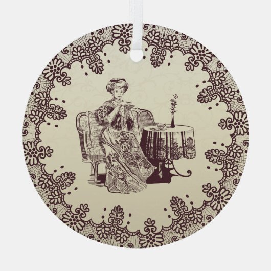 Lady drink tea glas ornament (Achterkant)
