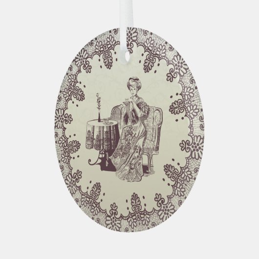 Lady drink tea glas ornament (Voorkant links)