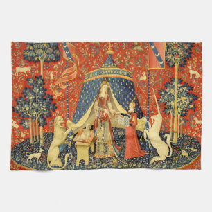 Lady en de Unicorn Medieval Tapestry Art Theedoek