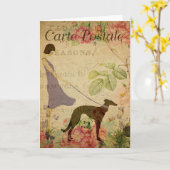 Lady en Greyhound Frans Briefkaart (Gele Bloem)