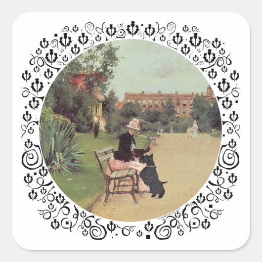 Lady en Scottie in het park Vierkante Sticker (Voorkant)
