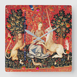 LADY EN UNICORN Fantasy Flowers, Animals, Gemstene Vierkante Klok