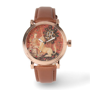 LADY EN UNICORN Fantasy Flowers, Animals Monogram Horloge