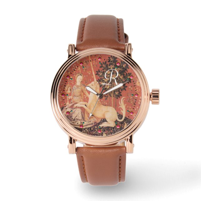 LADY EN UNICORN Fantasy Flowers, Animals Monogram Horloge (Voorkant)