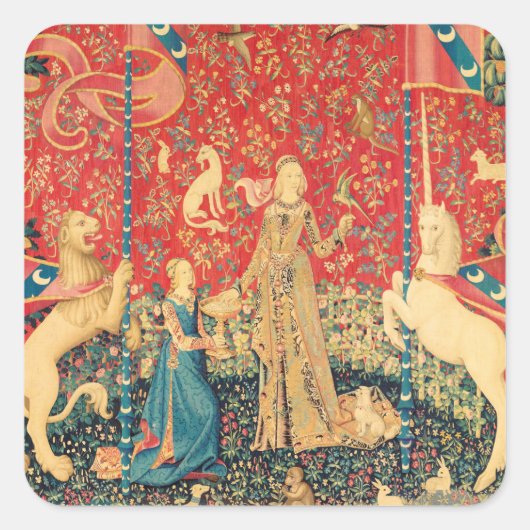 LADY EN UNICORN Fantasy Flowers, Animals Vierkante Sticker (Voorkant)