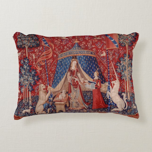 Lady en Unicorn Medieval Tapestry Desire Accent Kussen (Voorkant)