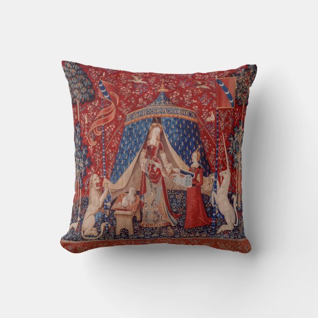 Lady en Unicorn Medieval Tapestry Desire Kussen (Voorkant)