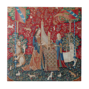 Lady en Unicorn Medieval Tapestry Hearing Tegeltje