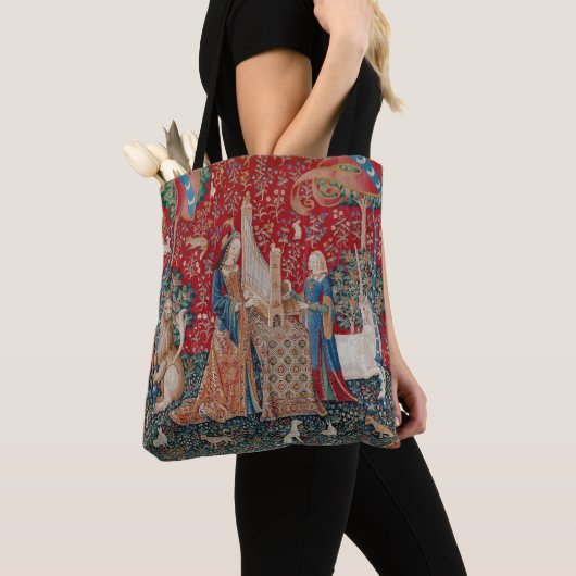 Lady en Unicorn Medieval Tapestry Hearing Tote Bag (Dichtbij)