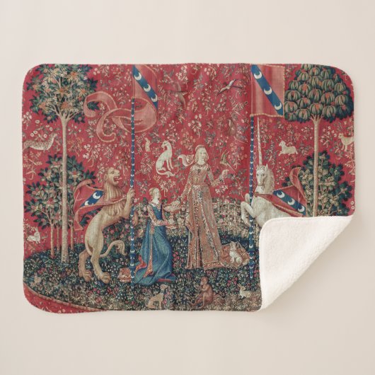 Lady en Unicorn Medieval Tapestry Taste Sherpa Deken (Voorkant (horizontaal))