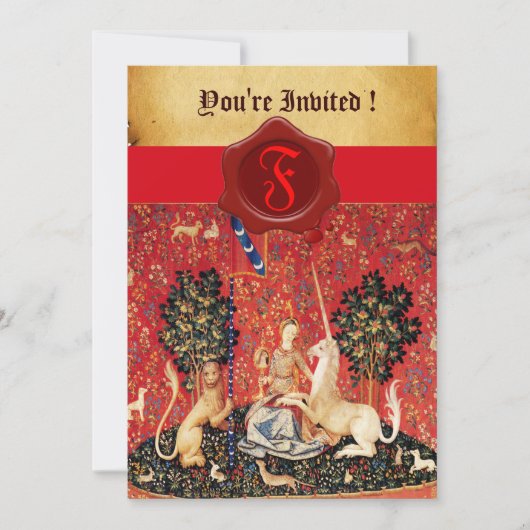 LADY EN UNICORN MONOGRAM RED WAX SEAL PARCHCHMENT KAART (Voorkant)