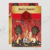 LADY EN UNICORN MONOGRAM RED WAX SEAL PARCHCHMENT KAART (Voorkant / Achterkant)
