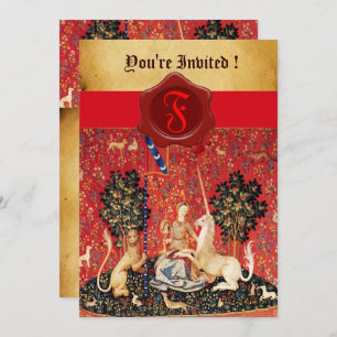 LADY EN UNICORN MONOGRAM RED WAX SEAL PARCHCHMENT KAART