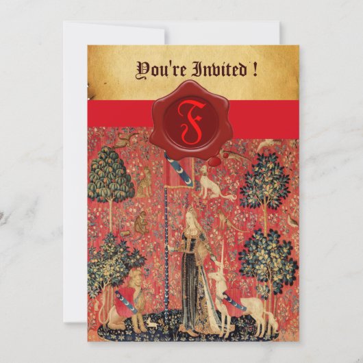 LADY EN UNICORN MONOGRAM RED WAX SEAL PARCHCHMENT KAART (Voorkant)