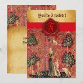 LADY EN UNICORN MONOGRAM RED WAX SEAL PARCHCHMENT KAART (Voorkant / Achterkant)