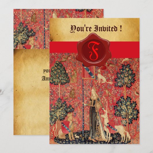 LADY EN UNICORN MONOGRAM RED WAX SEAL PARCHCHMENT KAART (Voorkant / Achterkant)