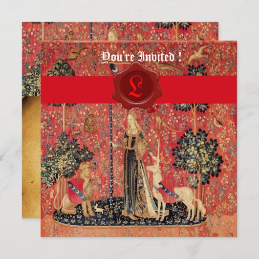 LADY EN UNICORN MONOGRAM RED WAX SEAL PARCHCHMENT KAART (Voorkant / Achterkant)