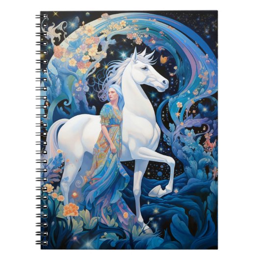 Lady en White Horse Fantasy Kunst Notitieboek (Voorkant)