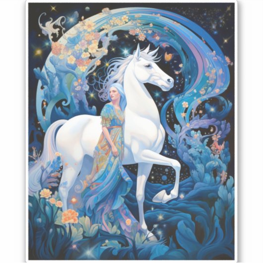 Lady en White Horse Fantasy Kunst Sticker (Voorkant)