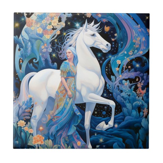 Lady en White Horse Fantasy Kunst Tegeltje (Voorkant)