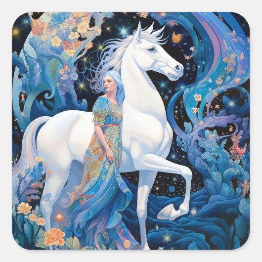 Lady en White Horse Fantasy Kunst Vierkante Sticker (Voorkant)
