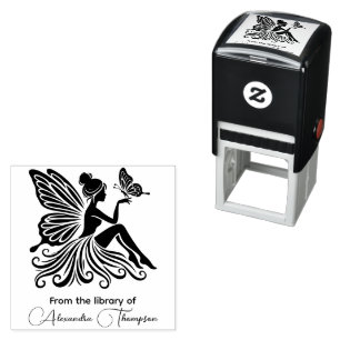 Lady Fairy Holding Butterfly Library Boeknaam Zelfinktende Stempel