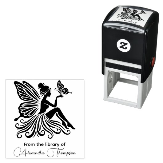 Lady Fairy Holding Butterfly Library Boeknaam Zelfinktende Stempel (In situ)