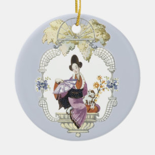 Lady Fan en Dog Keramisch Ornament