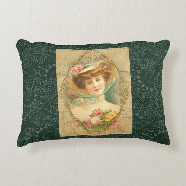  Lady Floral Pet Green Faux Crochet Accent Kussen (Voorkant)