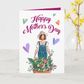 Lady Gardening Flowers Moederdag Kaart (Gele Bloem)