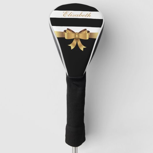 Lady Golf Golden Bow Black Bold Stripes Monogram Golfheadcover (Voorkant)