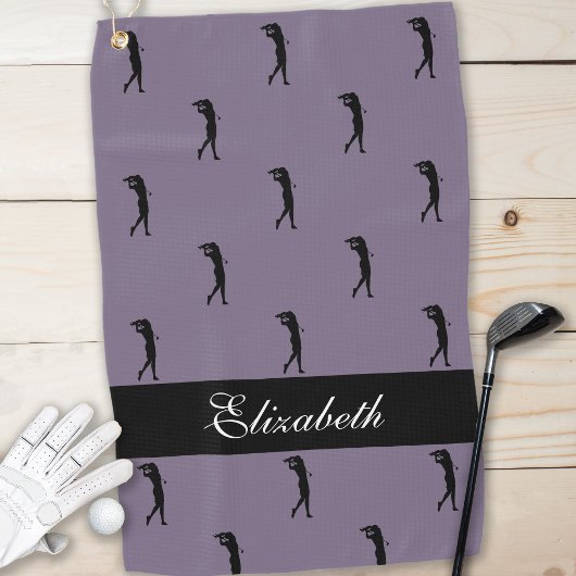 Lady Golfer Gepersonaliseerd naam Pattern Paars Bl Golfhanddoek