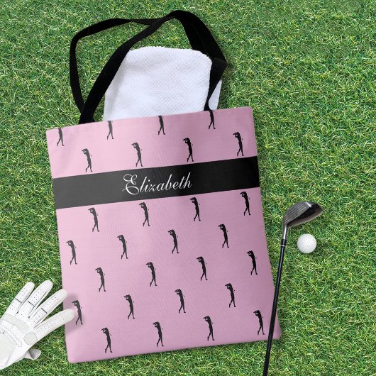 Lady Golfer Gepersonaliseerd naam roze zwart Tote Bag