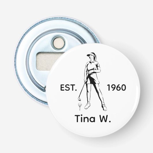 Lady Golfer Gepersonaliseerde naam en jaar Button Flesopener (Voorkant)