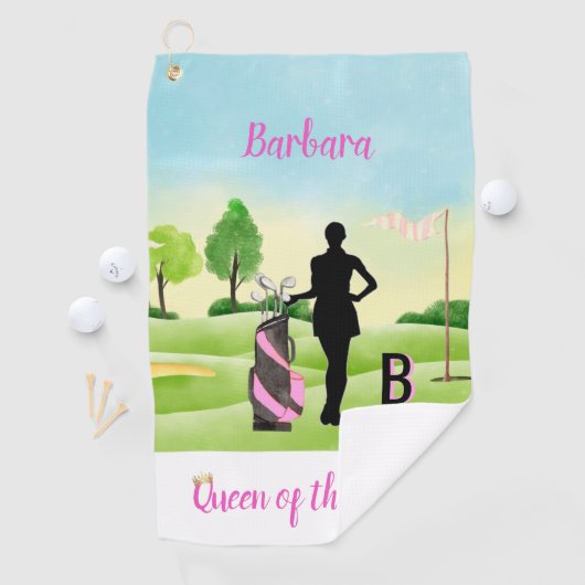 Lady Golfer Golf Course Custom Name 3-D Monogram Golfhanddoek (Insitu)