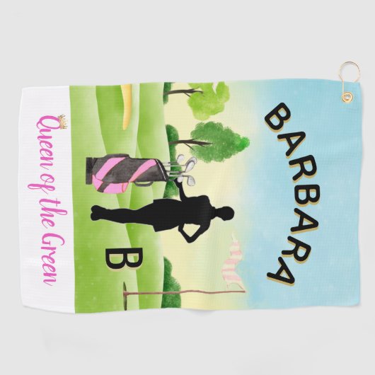Lady Golfer Golf Course Custom Name 3-D Monogram Golfhanddoek (Horizontaal)