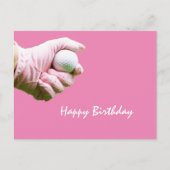 Lady golfer houdt golfbal met roze handschoen op r briefkaart (Voorkant)