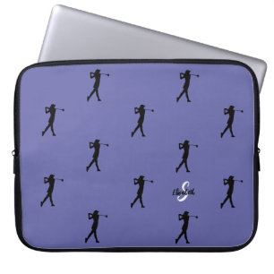 Lady Golfer Pattern Monogram Naam Periwinkle Blue Laptop Sleeve