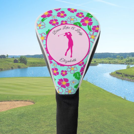 Lady Golfer Roze Aqua Preppy Aangepaste naam Dames Golfheadcover