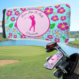 Lady Golfer Roze Aqua Preppy Aangepaste naam Dames Golfheadcover