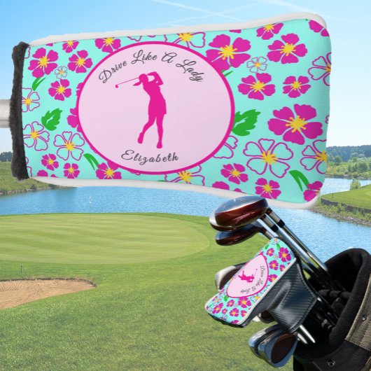 Lady Golfer Roze Aqua Preppy Aangepaste naam Dames Golfheadcover