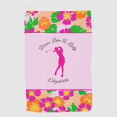 Lady Golfer Roze Bloemen Preppy Aangepaste naam Da Golfhanddoek (Voorkant)