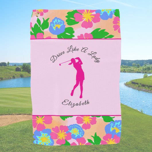 Lady Golfer Roze Bloemen Preppy Aangepaste naam Da Golfhanddoek